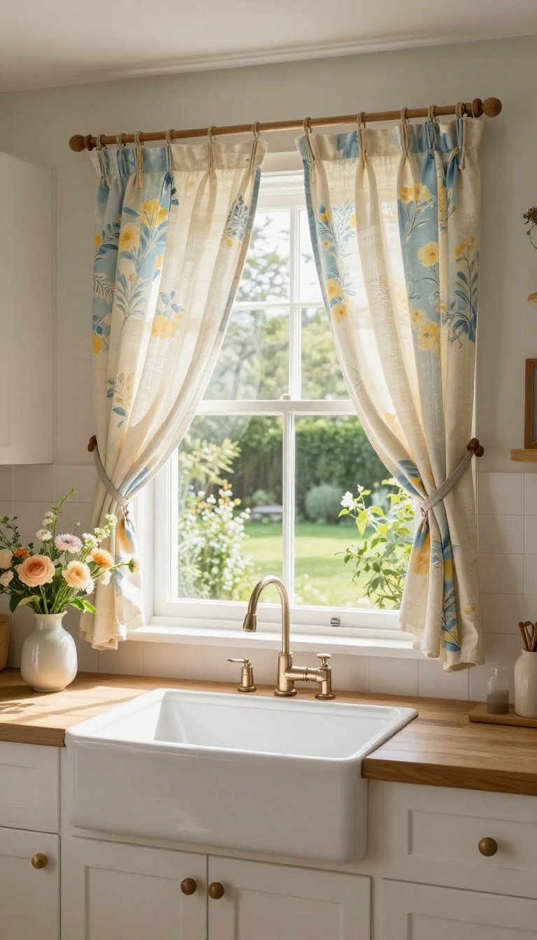 Tiered valance in a bright kitchen with layered linen and floral fabric panels