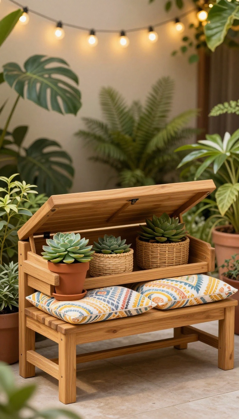 A small back patio with a multi-purpose storage bench, styled with cushions and plants, showcasing hidden storage and cozy outdoor seating.