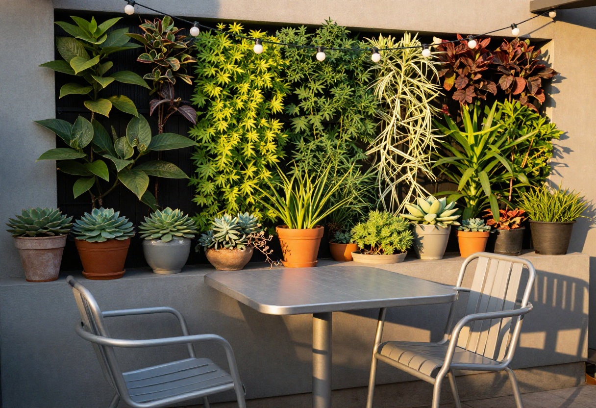 Cozy small back patio with bistro set and string lights