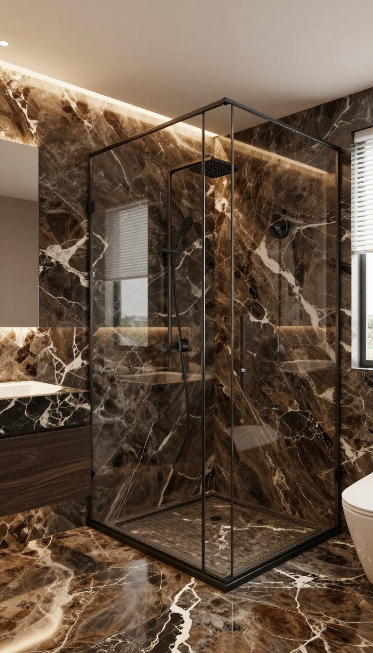 Modern walk-in shower with polished onyx walls and matte black fixtures, showcasing dramatic contrast and rich veining.