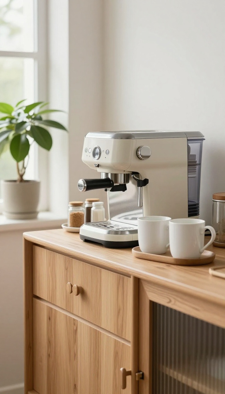 A wooden sideboard styled as a coffee station with a coffee machine, mugs, and a tray, in a bright modern kitchen