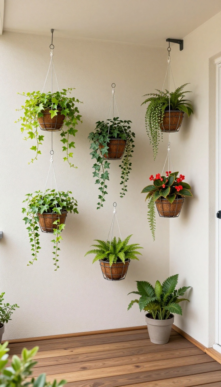 Hanging basket clusters on a small patio, featuring trailing plants and ferns at different heights