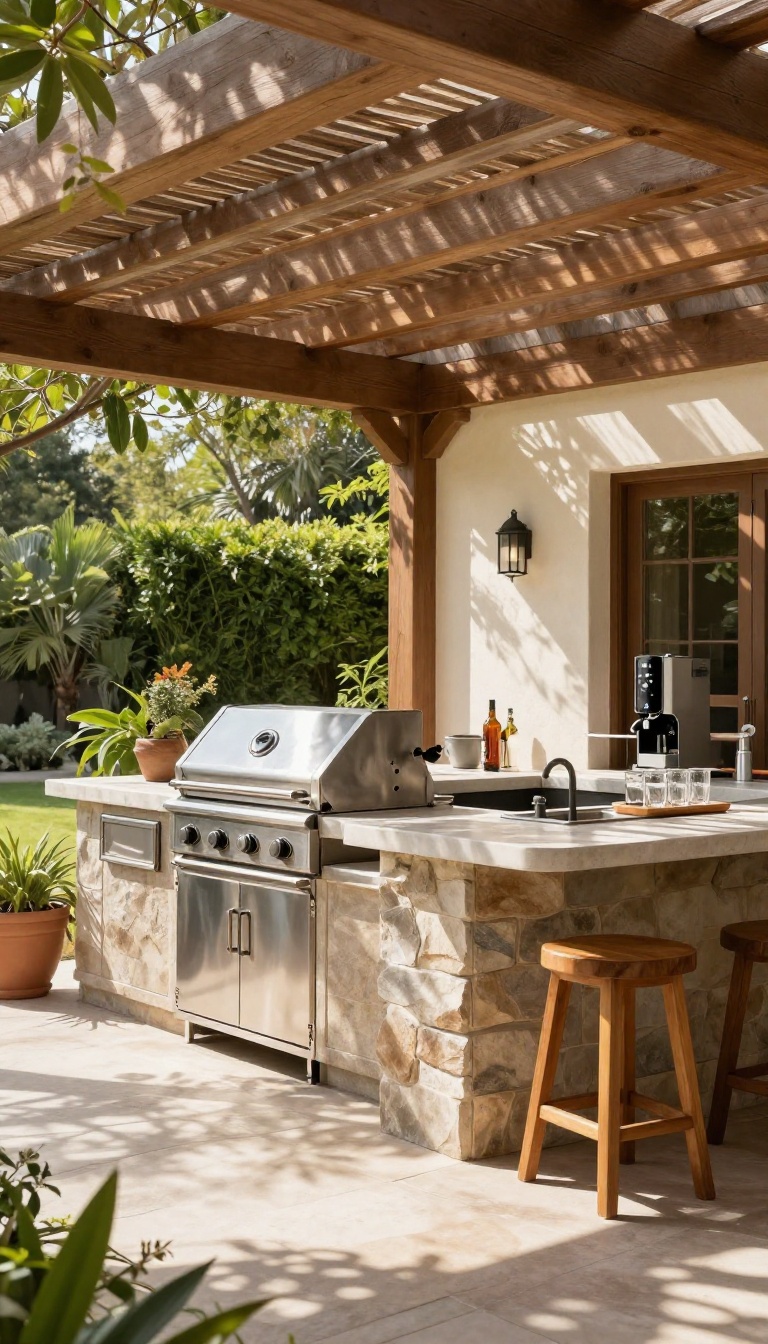Outdoor kitchen and bar under a pergola with stone countertops and stainless steel grill