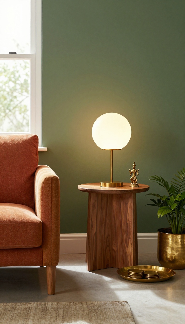 Indian living room with brass accents, warm glow, and earthy tones