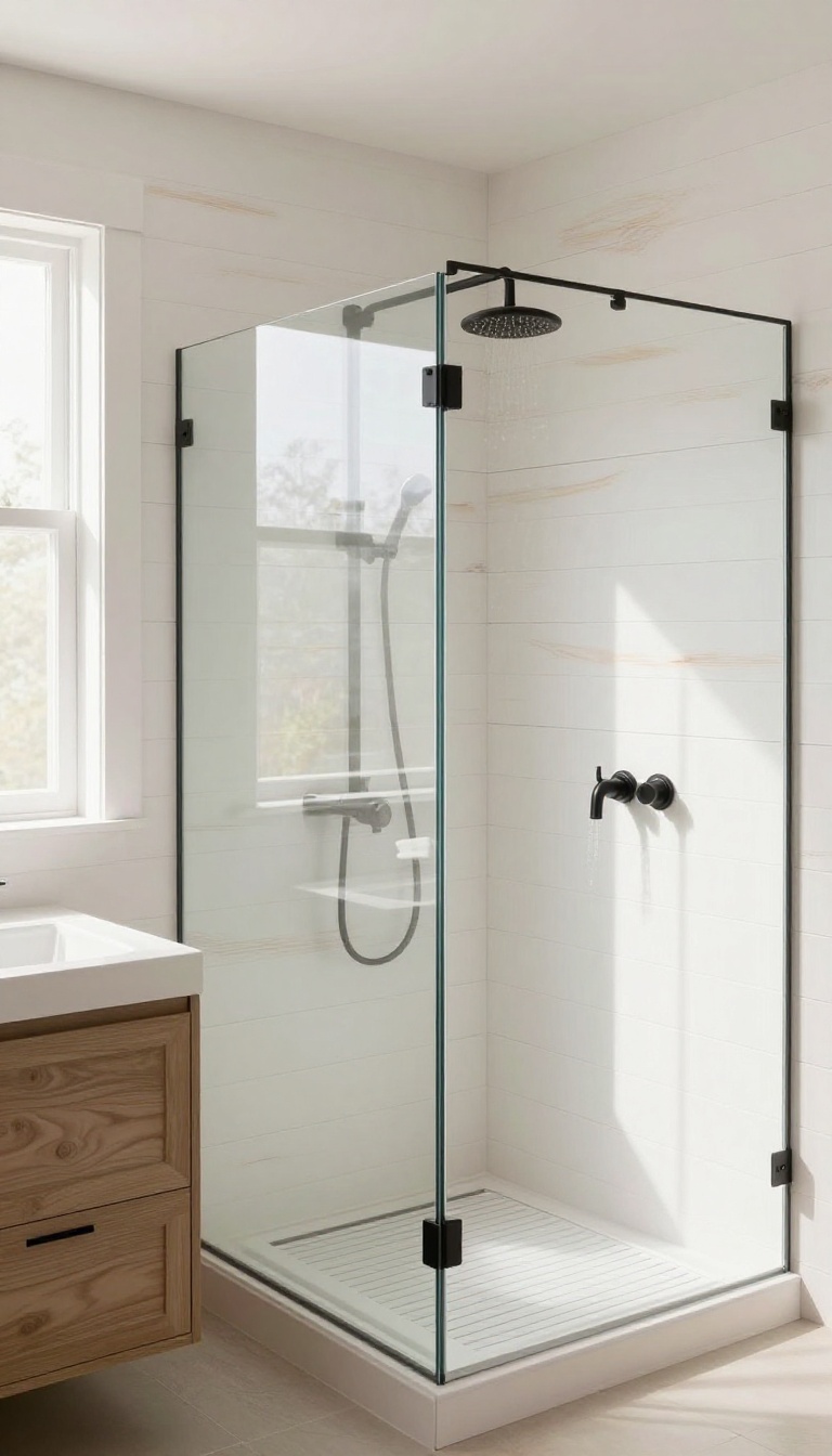 Modern farmhouse shower with white shiplap walls, glass enclosure, and natural light