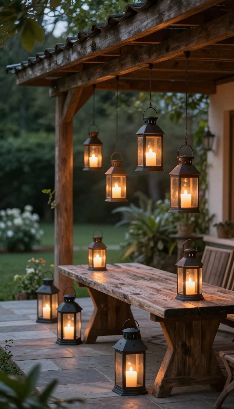Patio with hanging and tabletop lanterns creating a warm, cozy glow in the evening.