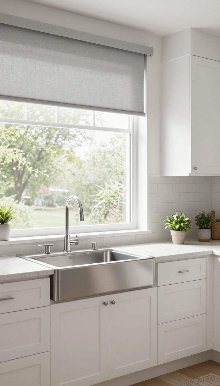 Modern kitchen sink with panel track blinds partially open, showing wide fabric panels and a bright, clean design.