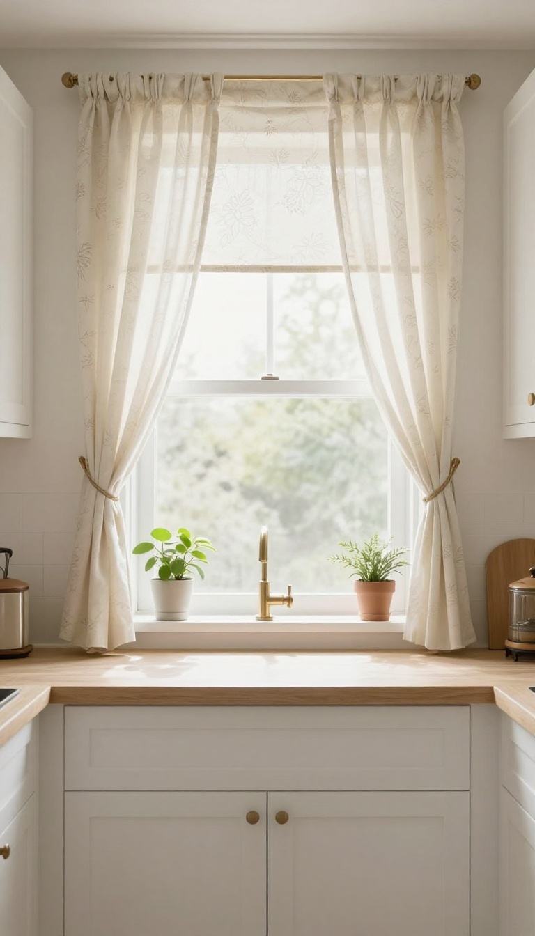 Kitchen window with a patterned fabric valance in a subtle floral design, bright natural light, clean white cabinets, neutral walls, and a small potted plant on the windowsill