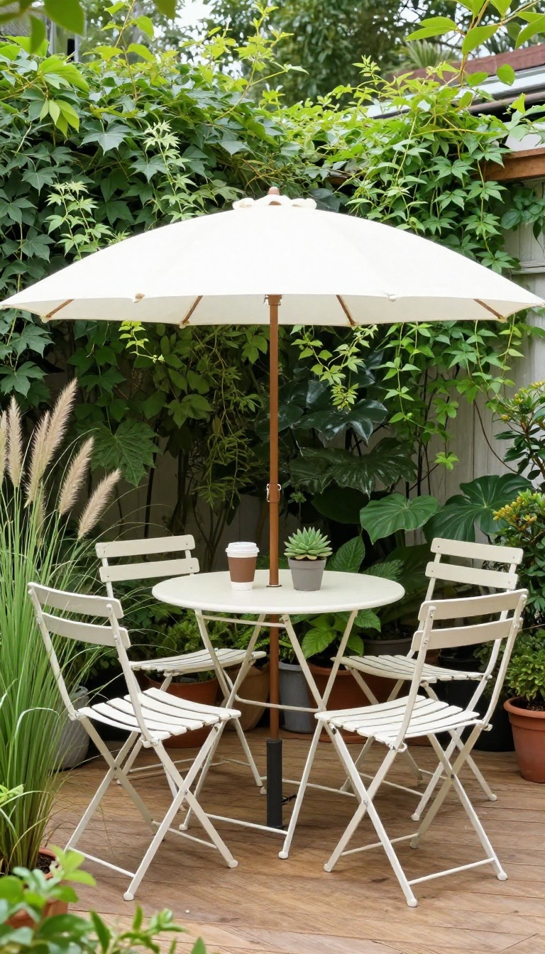 A small patio garden with a compact bistro set surrounded by potted plants and vines