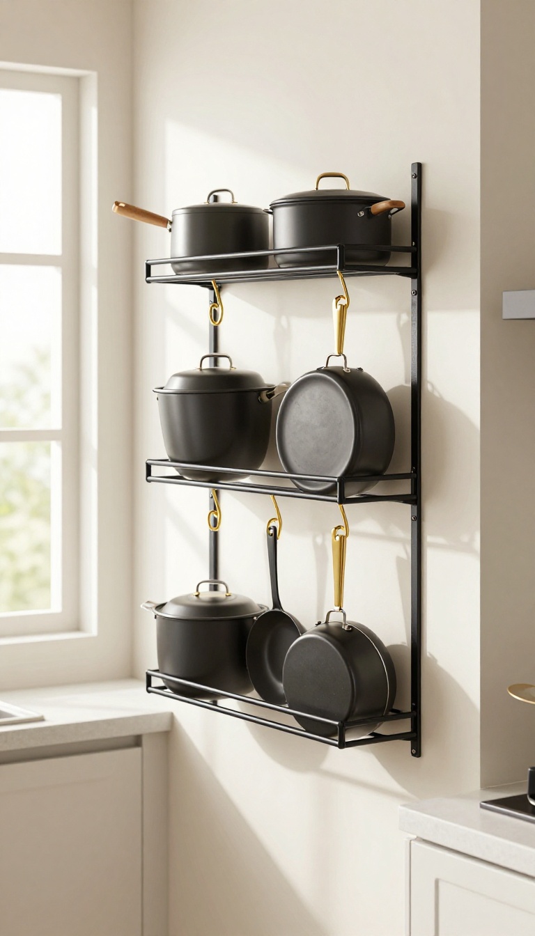 Black wall-mounted pot rack with gold hooks holding cookware in a bright kitchen