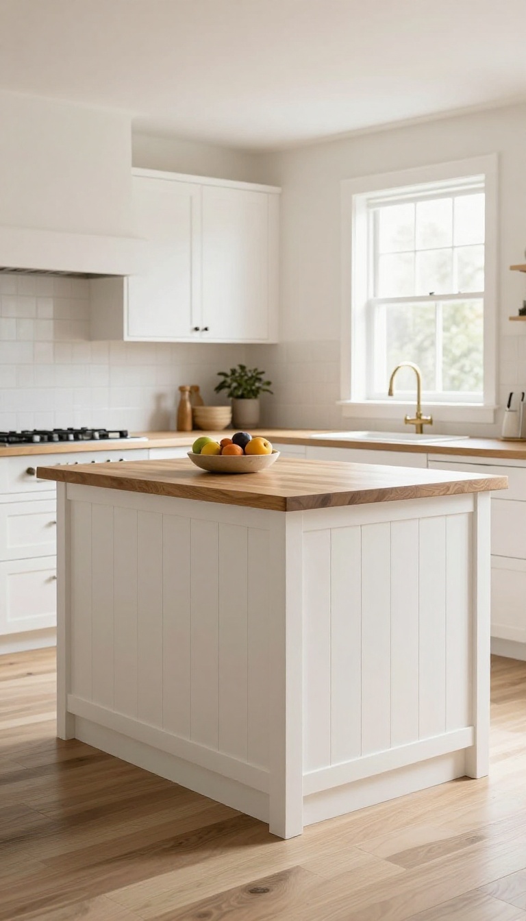 White shiplap kitchen island with butcher block top in a bright farmhouse kitchen