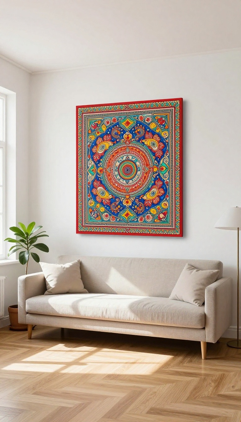 Minimalist Indian living room with a large Madhubani painting as the focal point, styled with neutral furniture and natural light.