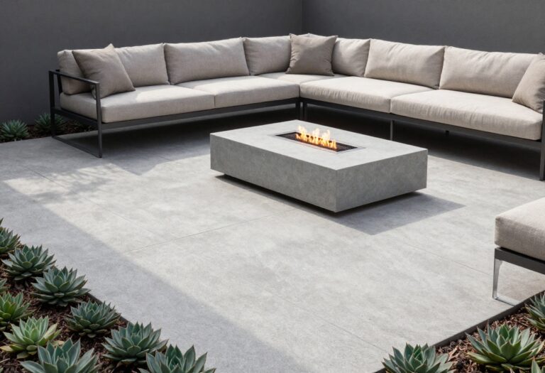 Modern concrete patio with polished finish and outdoor furniture