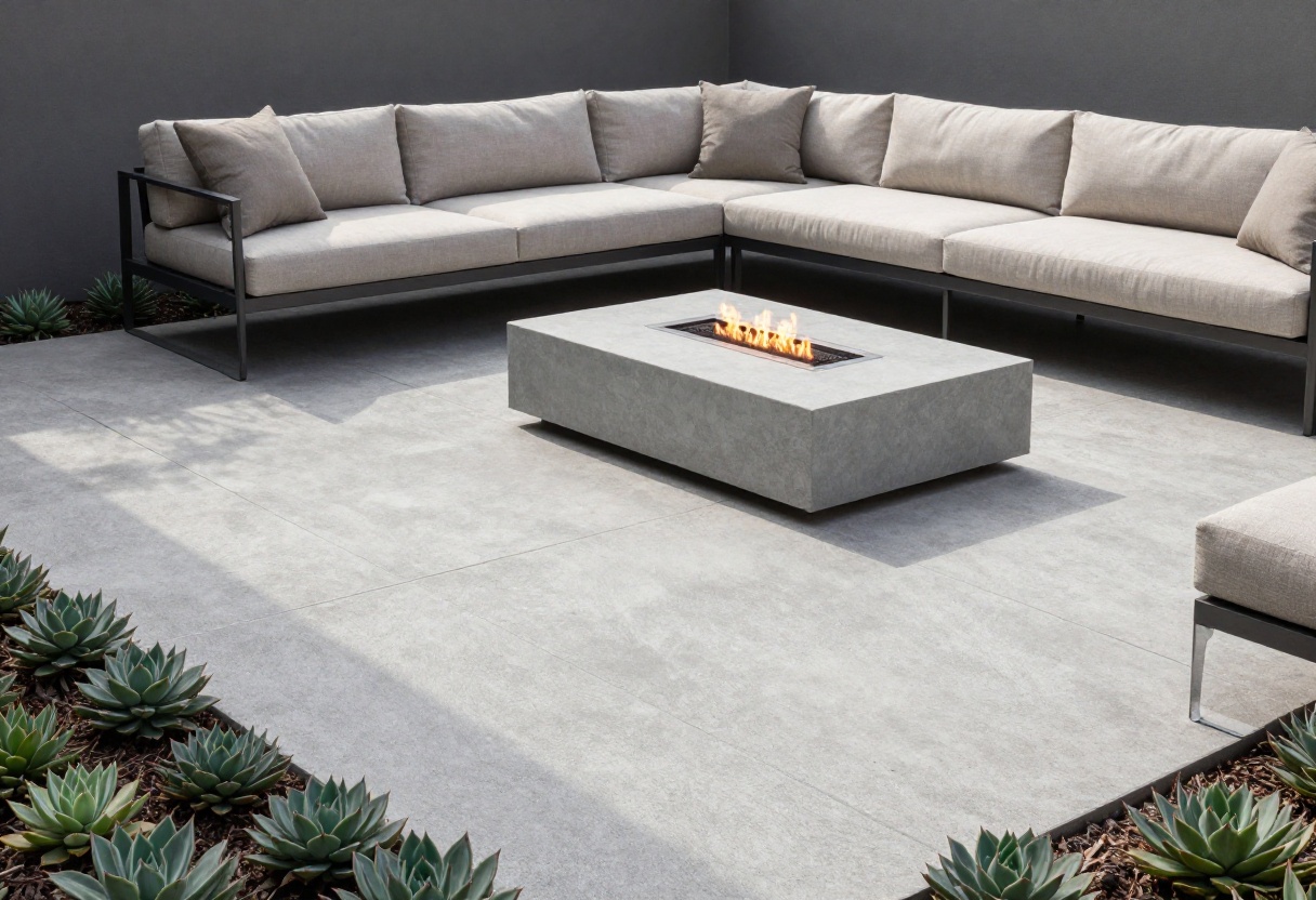 Modern concrete patio with polished finish and outdoor furniture