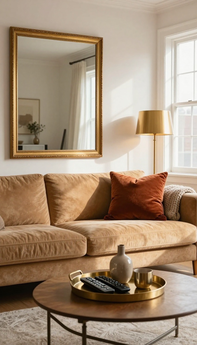 Tan couch with gold metallic accents, brass tray, and floor lamp in a bright living room