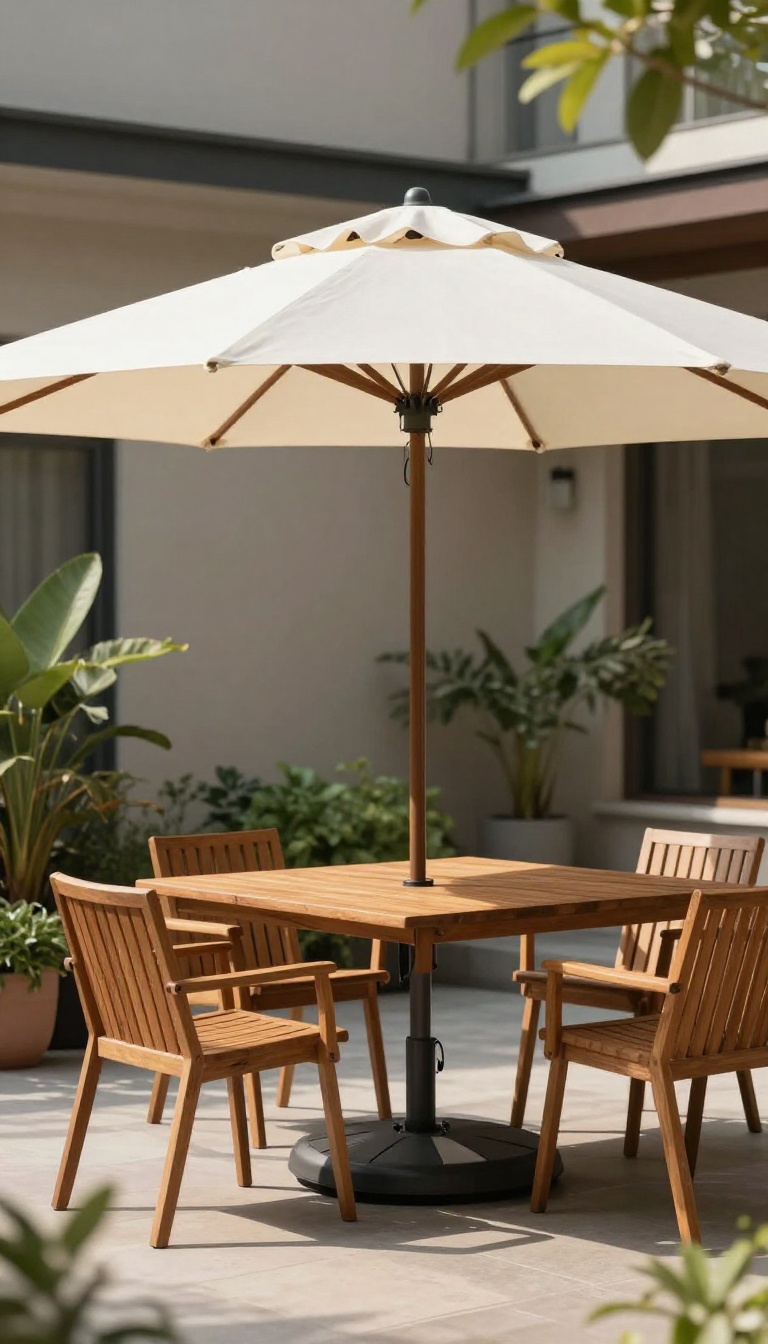 Cantilever umbrella with a heavy wheeled base shading a patio seating area