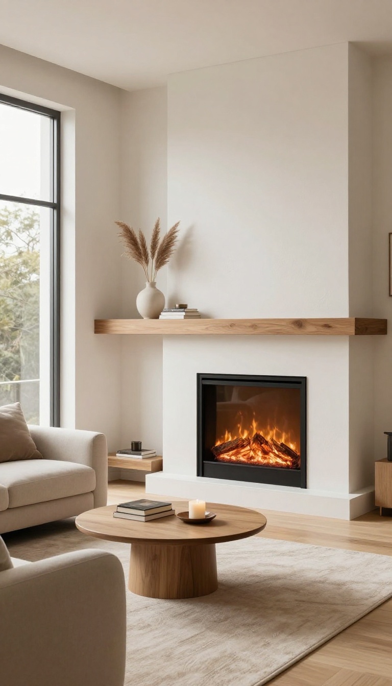 Modern living room with a fireplace as the focal point, styled with neutral decor and natural light.