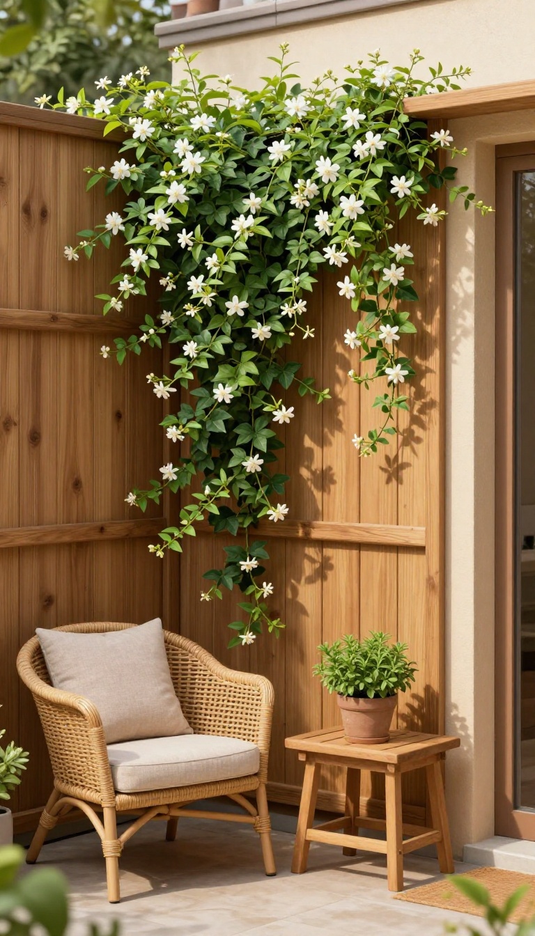 Vertical garden trellis on a patio fence with climbing plants and a cozy seating area
