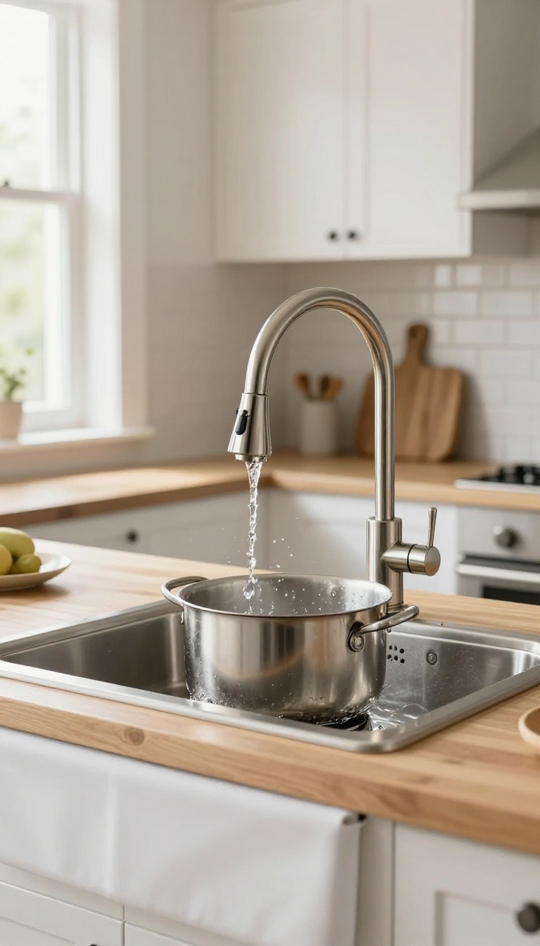 High-arc gooseneck faucet filling a large stockpot in a bright kitchen