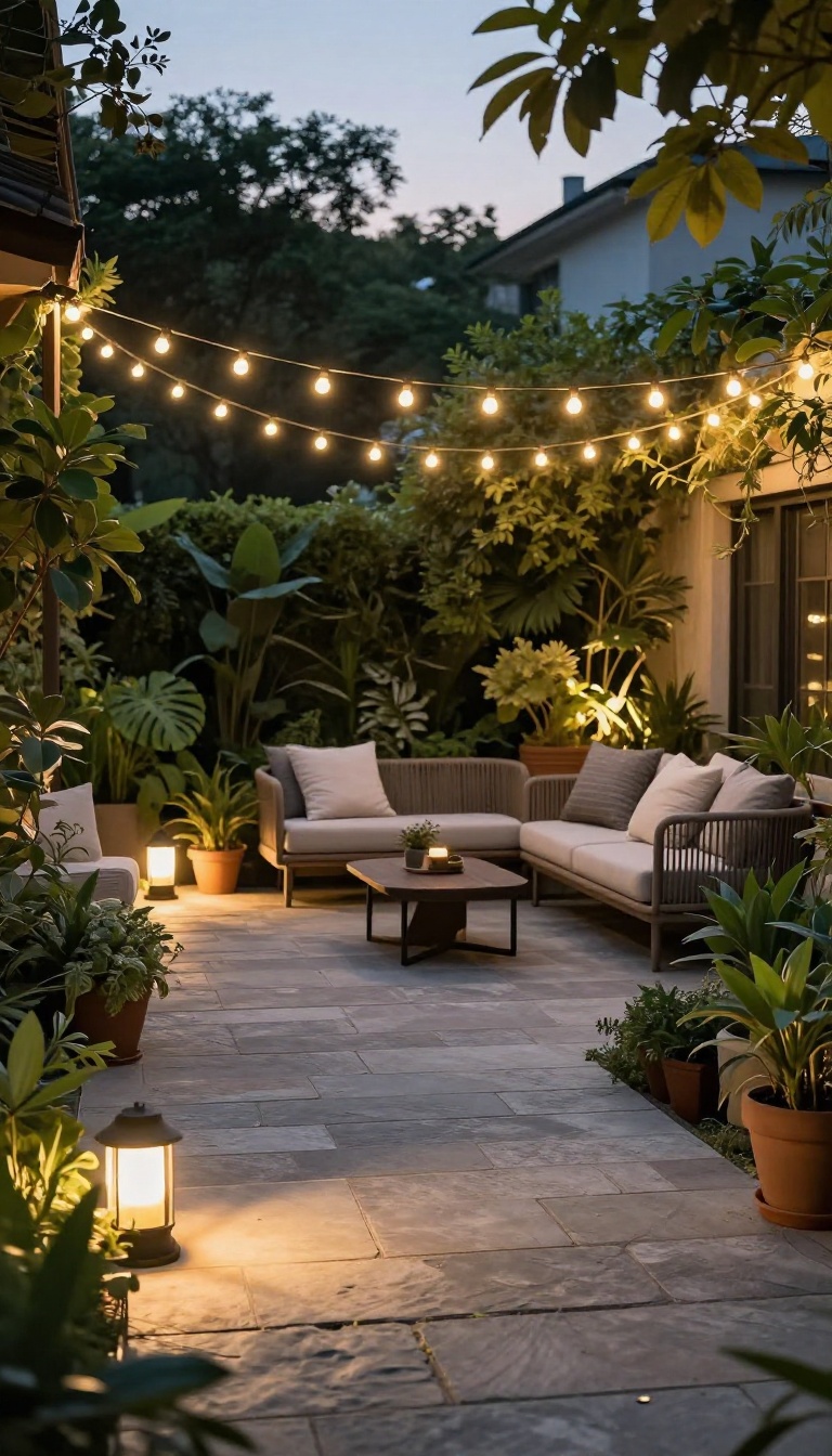 Flagstone patio with outdoor lighting at dusk, showcasing warm string lights and path lights highlighting the natural stone texture.