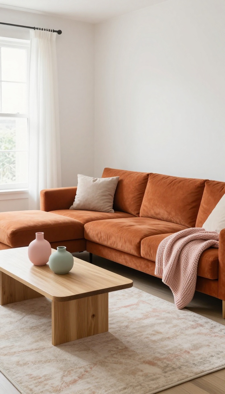 Orange couch with pastel pink throw and pastel vases in a bright living room