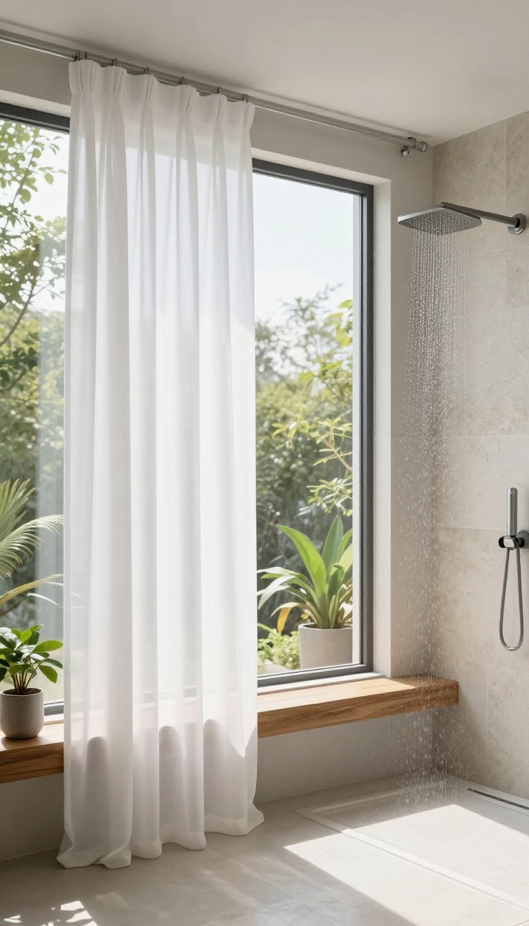 Modern bathroom with an open walk-in shower enclosed by a ceiling-mounted white curtain