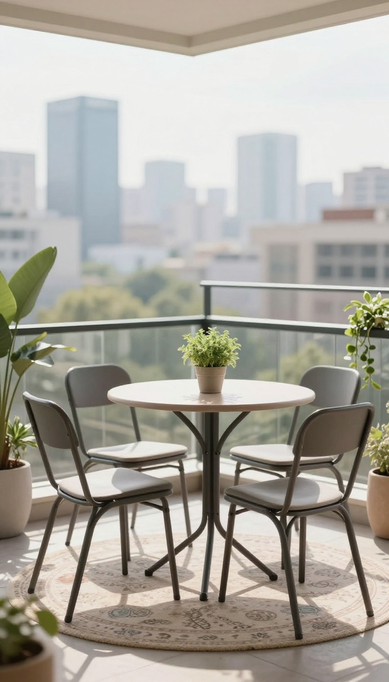 A cozy apartment patio with a foldable bistro set, outdoor rug, and potted plants, bathed in natural sunlight.