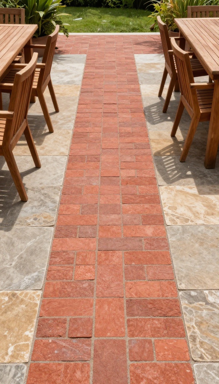 Brick patio with natural stone border and seating area, blending warm reds with cool grays.