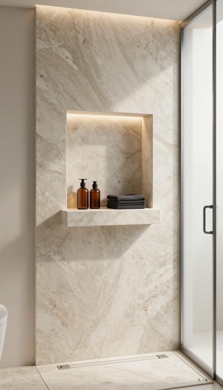 Onyx shower niche with backlit floating shelves in a modern bathroom