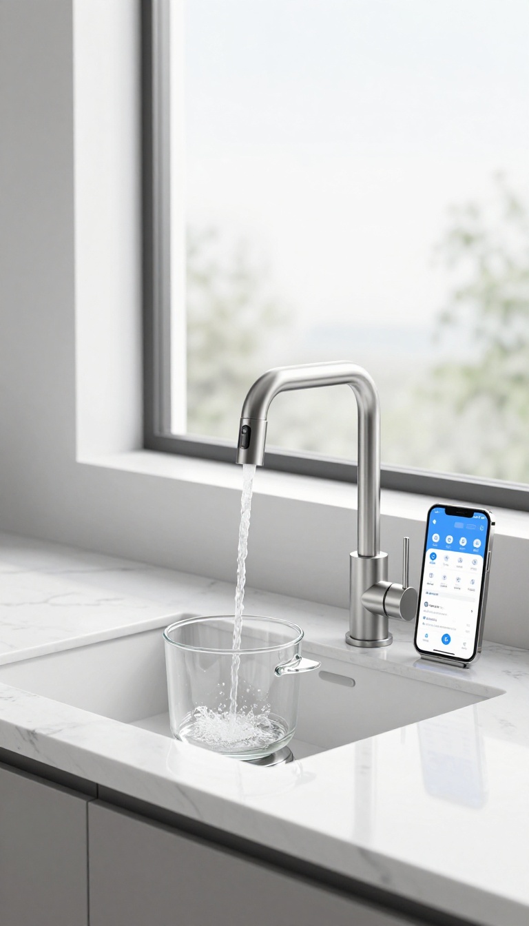 Modern kitchen with a smart faucet dispensing water, smartphone with app on counter