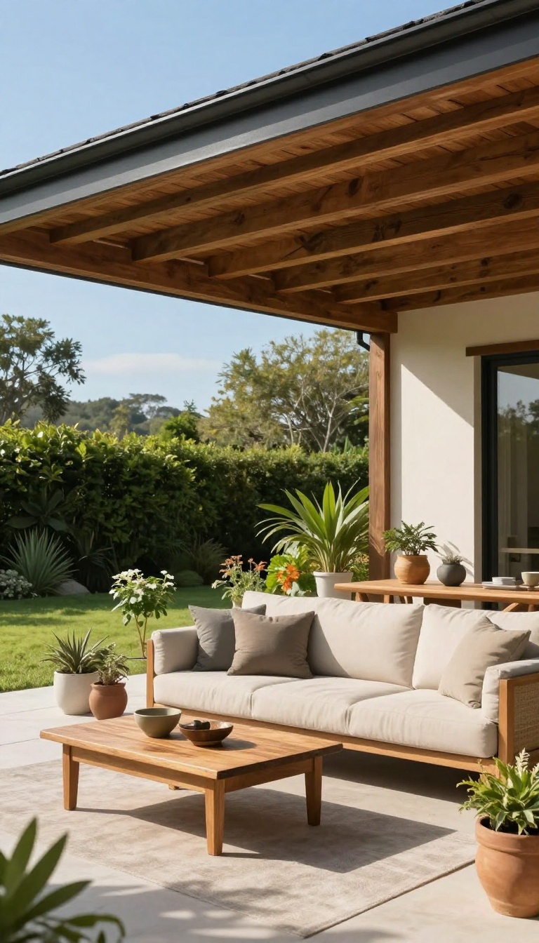 Patio with a solid roof addition, extending from the house, with comfortable outdoor furniture and natural light