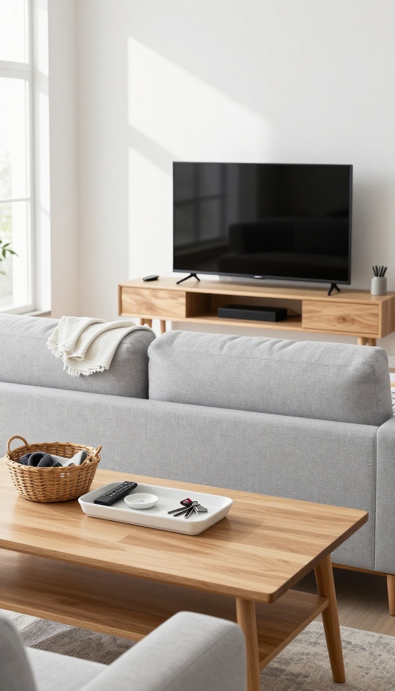 A tidy living room with a tray for remotes, a basket for blankets, and hidden cords, creating a clutter-free space.