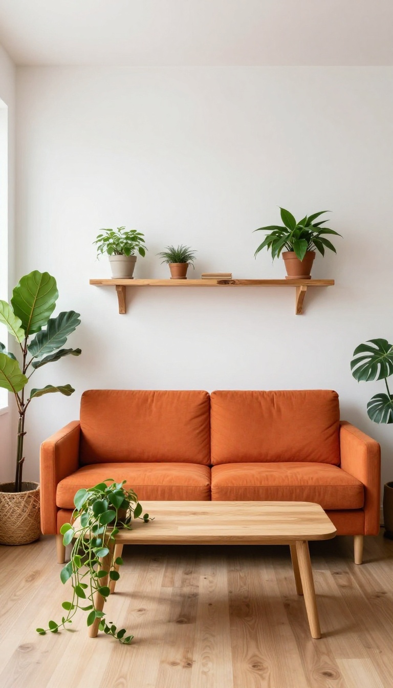 Living room with orange couch, natural wood furniture, and lush green plants in bright natural light