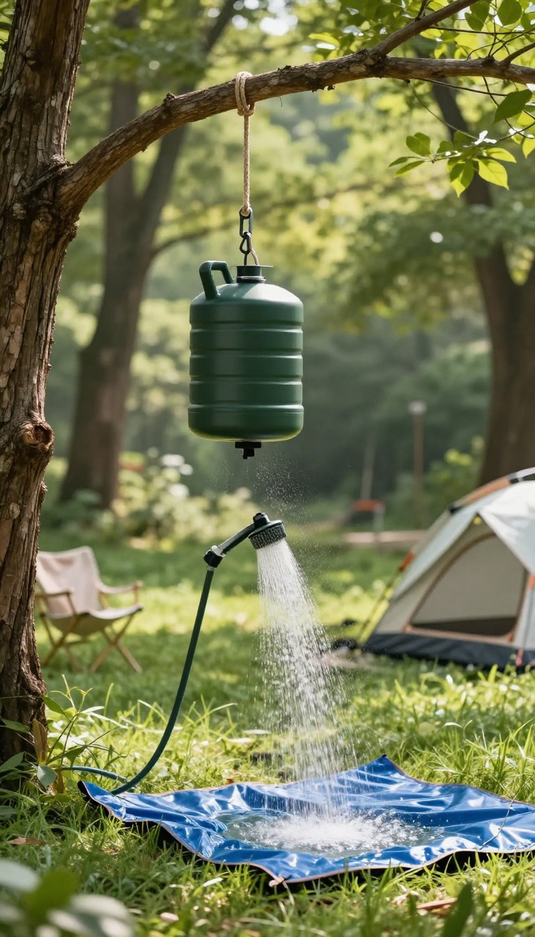 Gravity shower with a real shower head hanging from a tree branch in a sunlit forest, with a water container and tarp below.