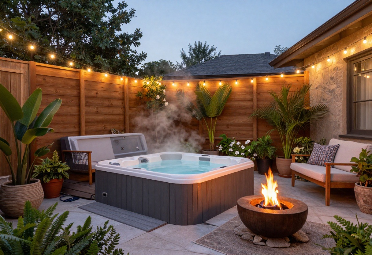 Cozy hot tub patio with string lights and wooden privacy screen