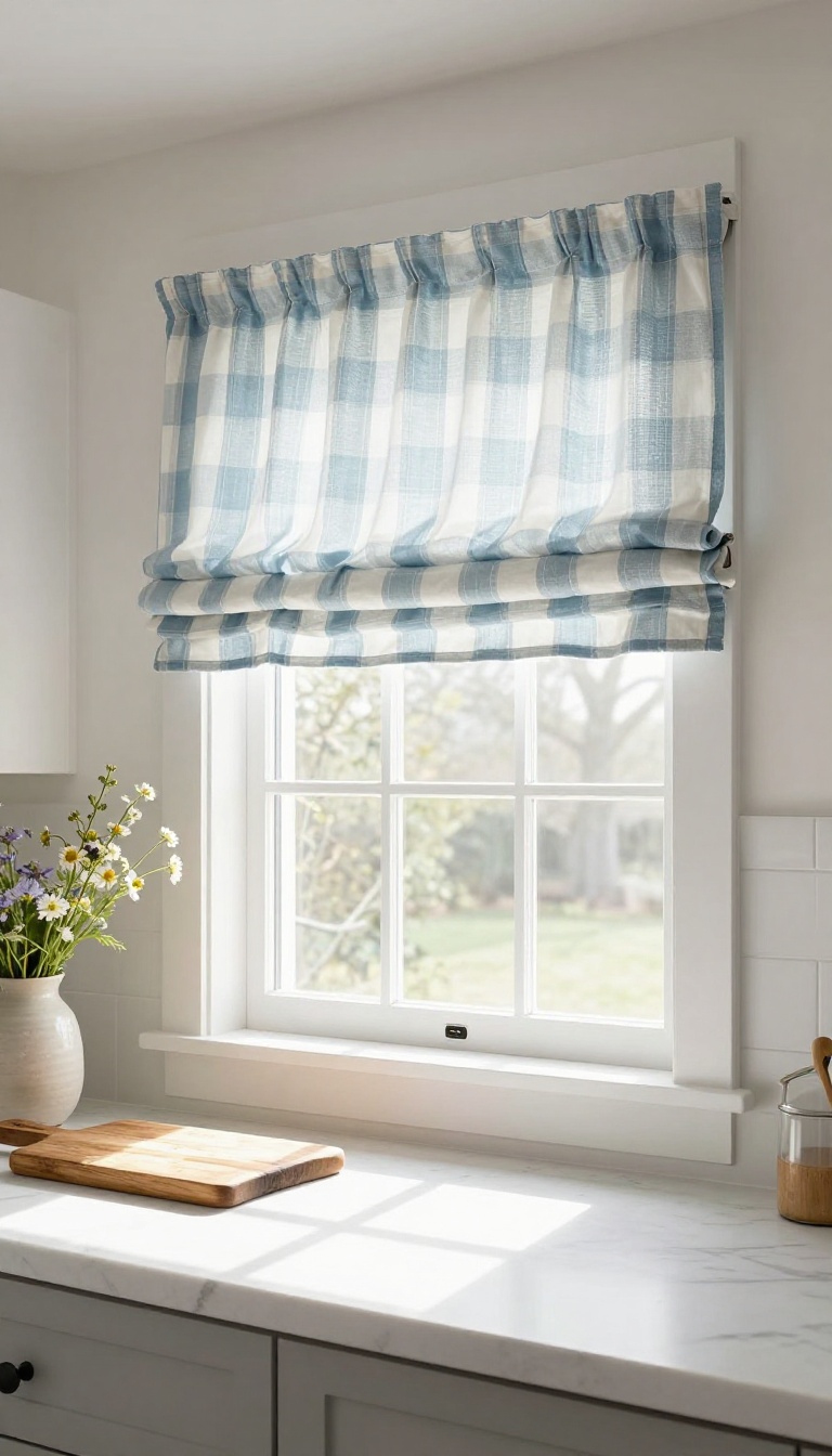 Layered kitchen window blinds with a fabric valance in a bright farmhouse kitchen