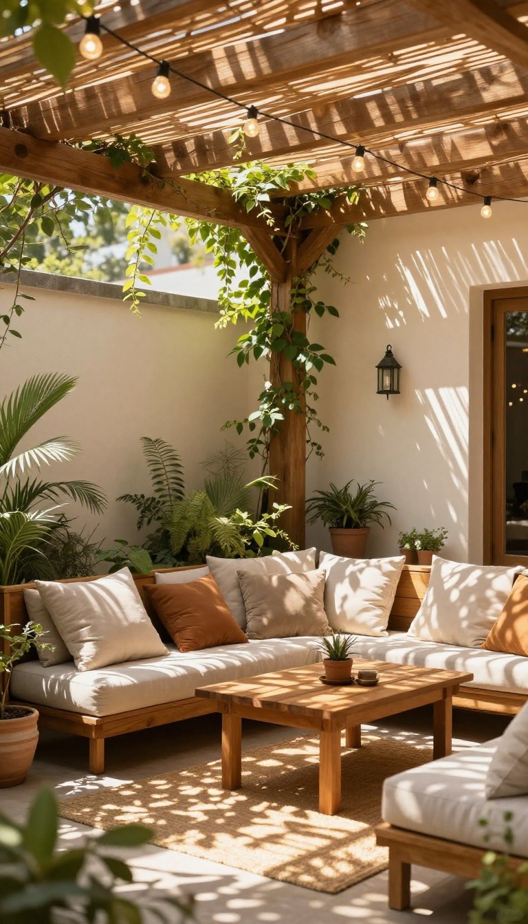 Cozy patio with a wooden pergola, string lights, and climbing plants creating a warm, inviting outdoor living space.