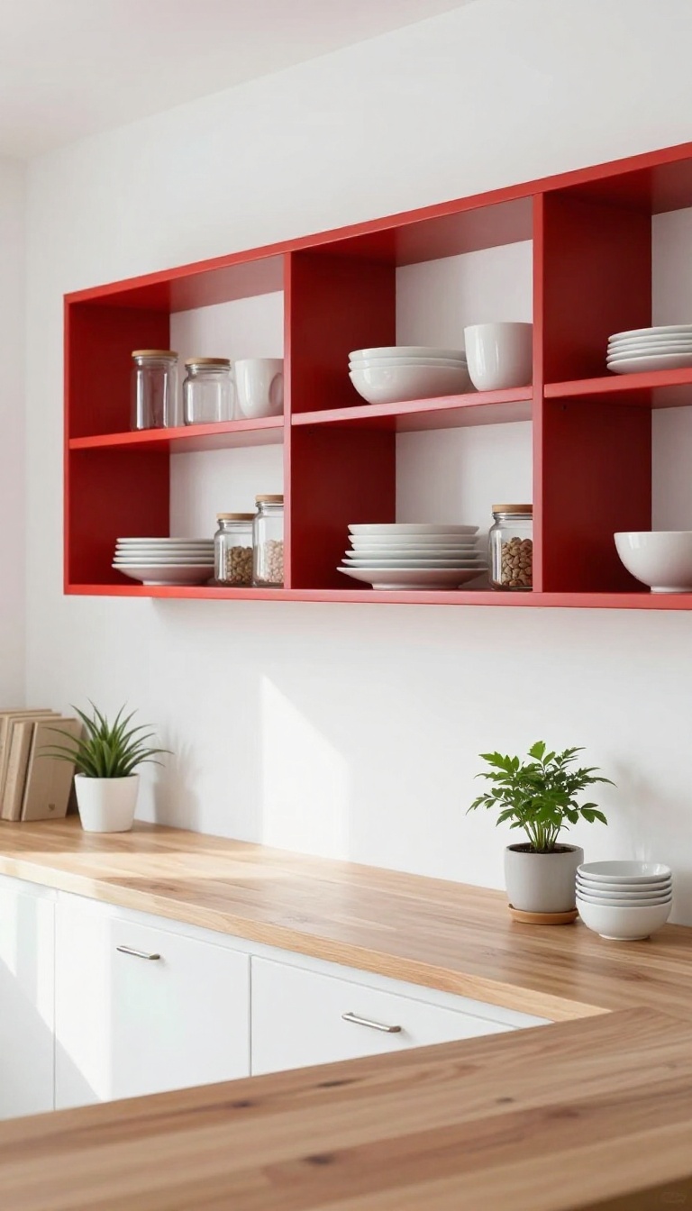 Red open shelving in a bright kitchen displaying white dishes, glass jars, and a plant.