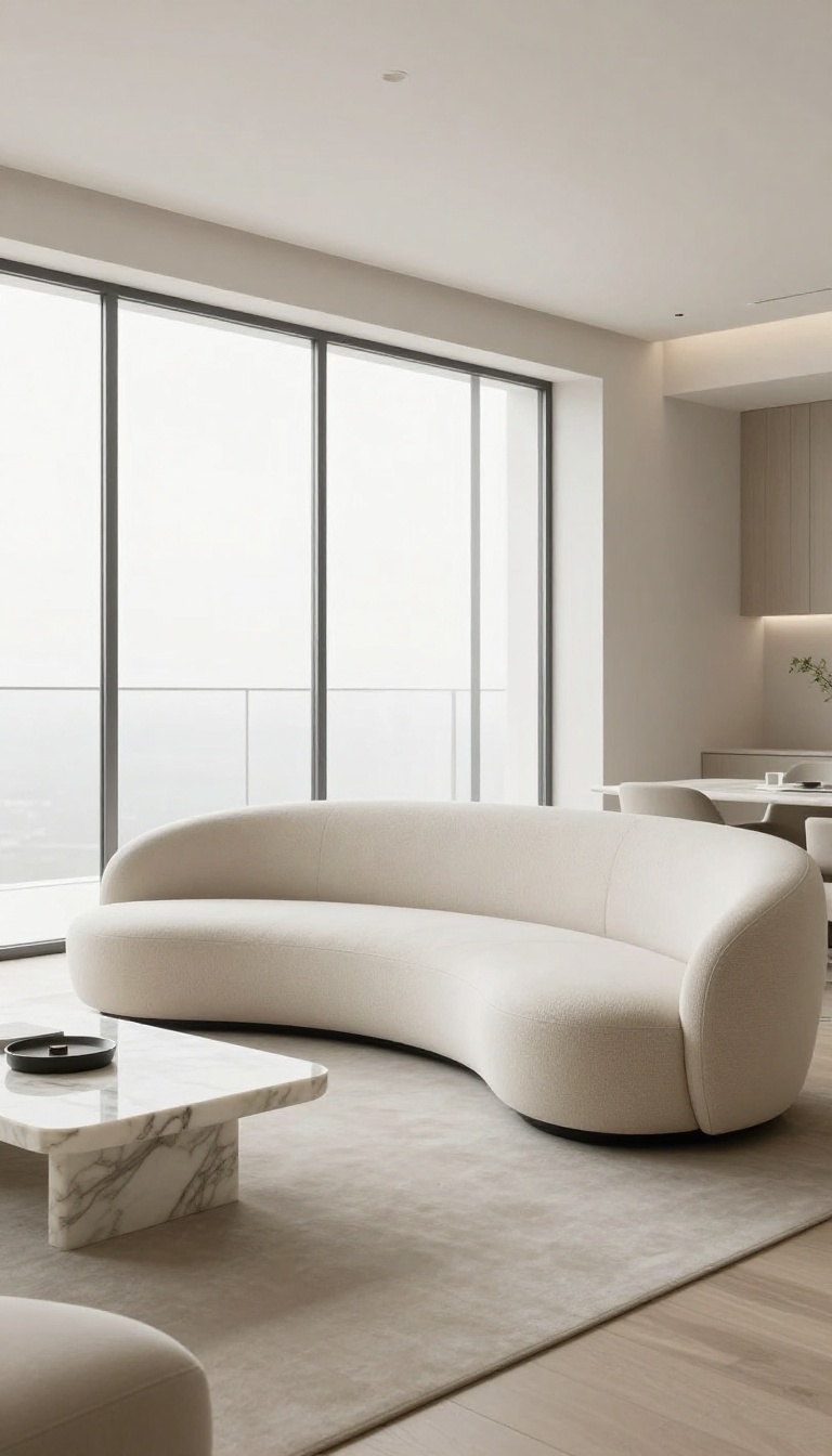 Modern luxury living room with a sculptural bouclé sofa and a marble coffee table, bathed in natural light.