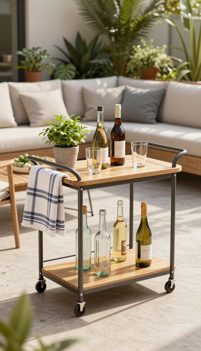 Foldable bar cart on a small patio with drinks and decor, ready for entertaining
