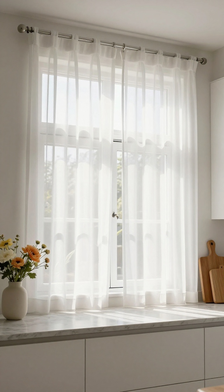 Kitchen window with sheer curtains layered over blinds, letting in soft natural light