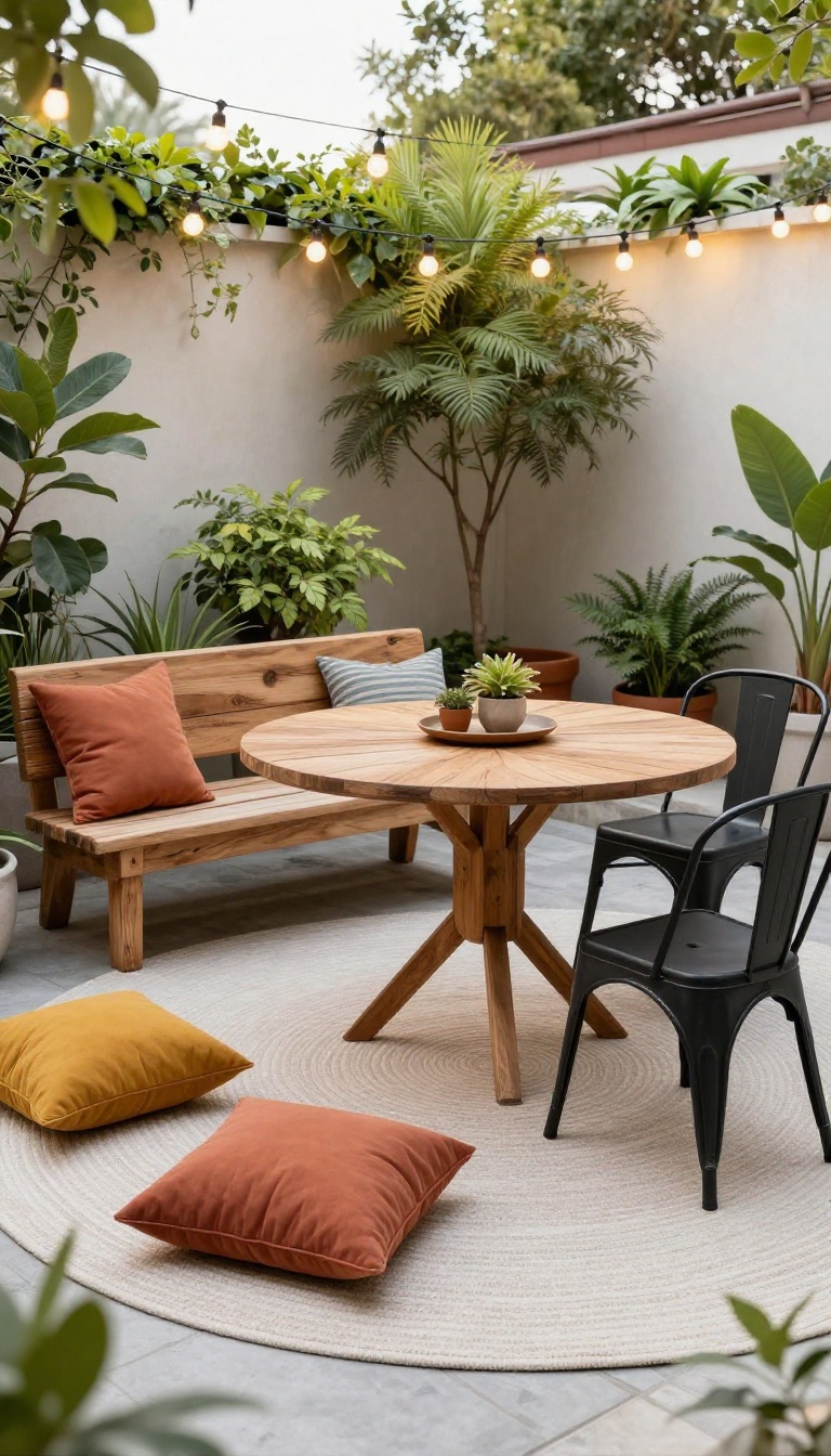 Cozy patio with mixed furniture styles, wooden bench, metal chairs, colorful cushions, and plants