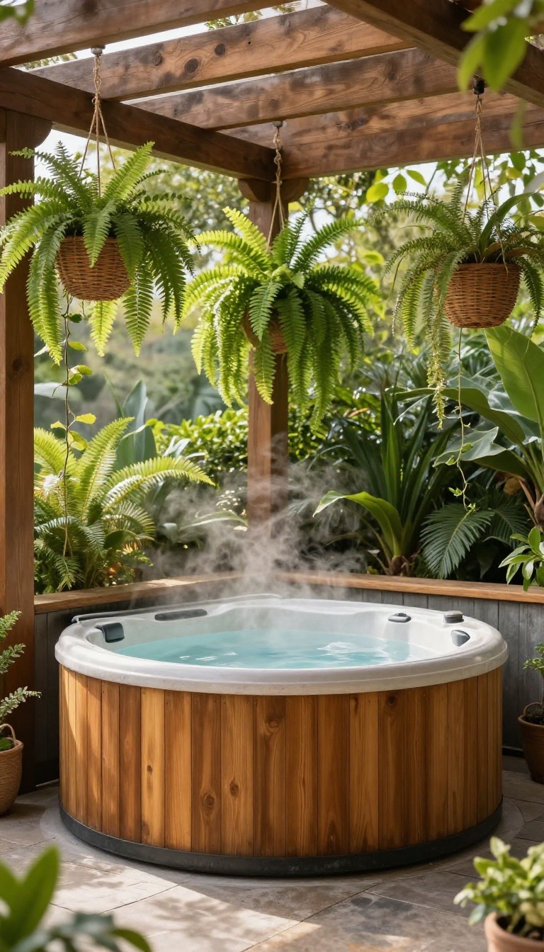 Hot tub patio with hanging plants creating a green oasis
