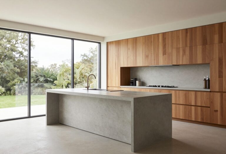 Modern kitchen with polished concrete countertops and island