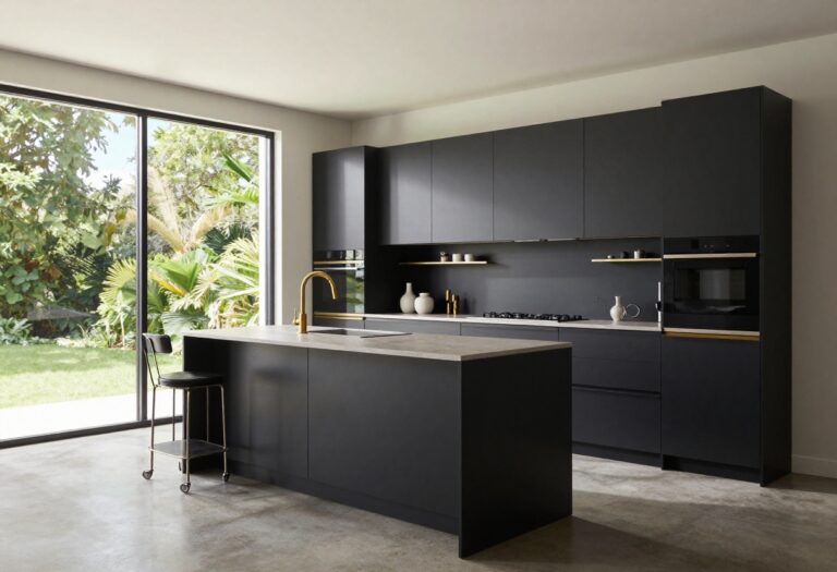 Modern black and gold kitchen with open shelving and gold accents