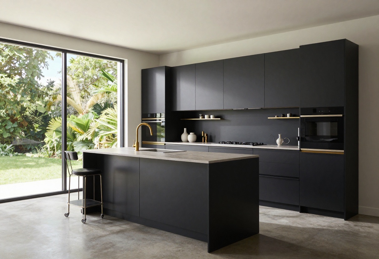 Modern black and gold kitchen with open shelving and gold accents