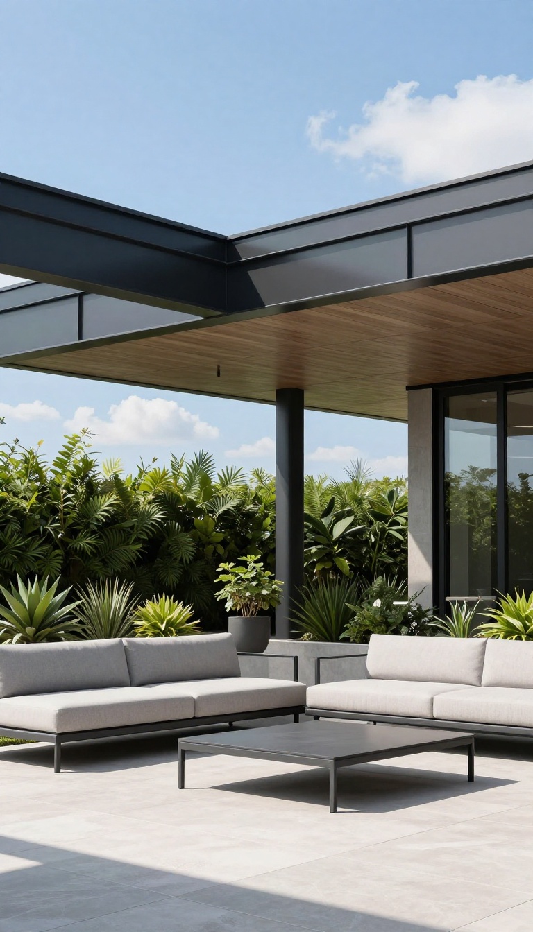 Modern patio with a sleek metal roof cover and insulation, featuring contemporary outdoor furniture and lush plants in bright natural light.