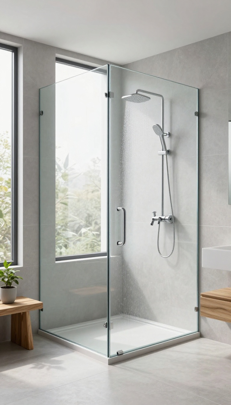 Frameless glass shower panel in a bright, modern bathroom with natural light