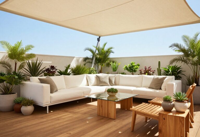 Patio with a modern shade sail providing cool shade over outdoor seating