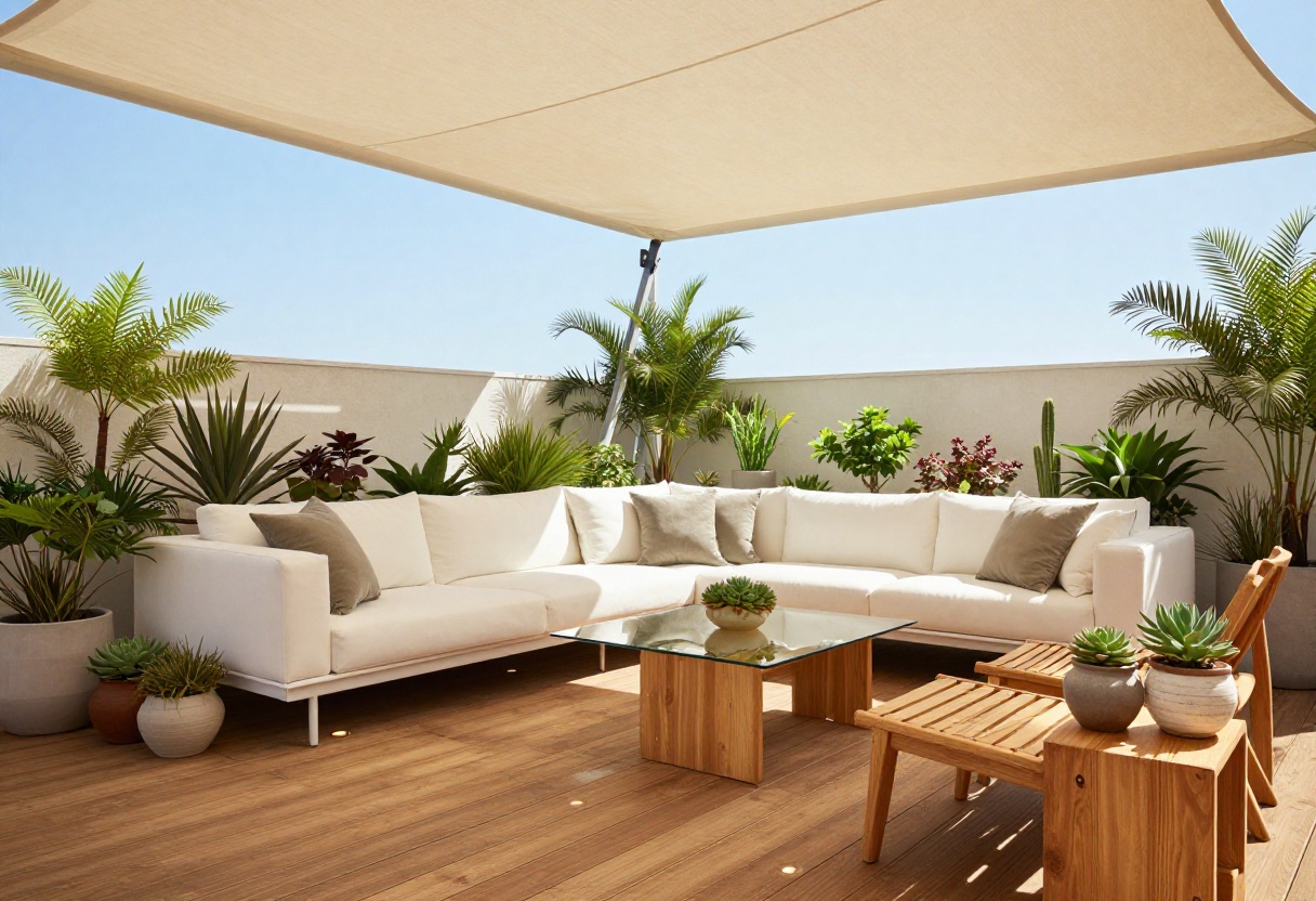 Patio with a modern shade sail providing cool shade over outdoor seating